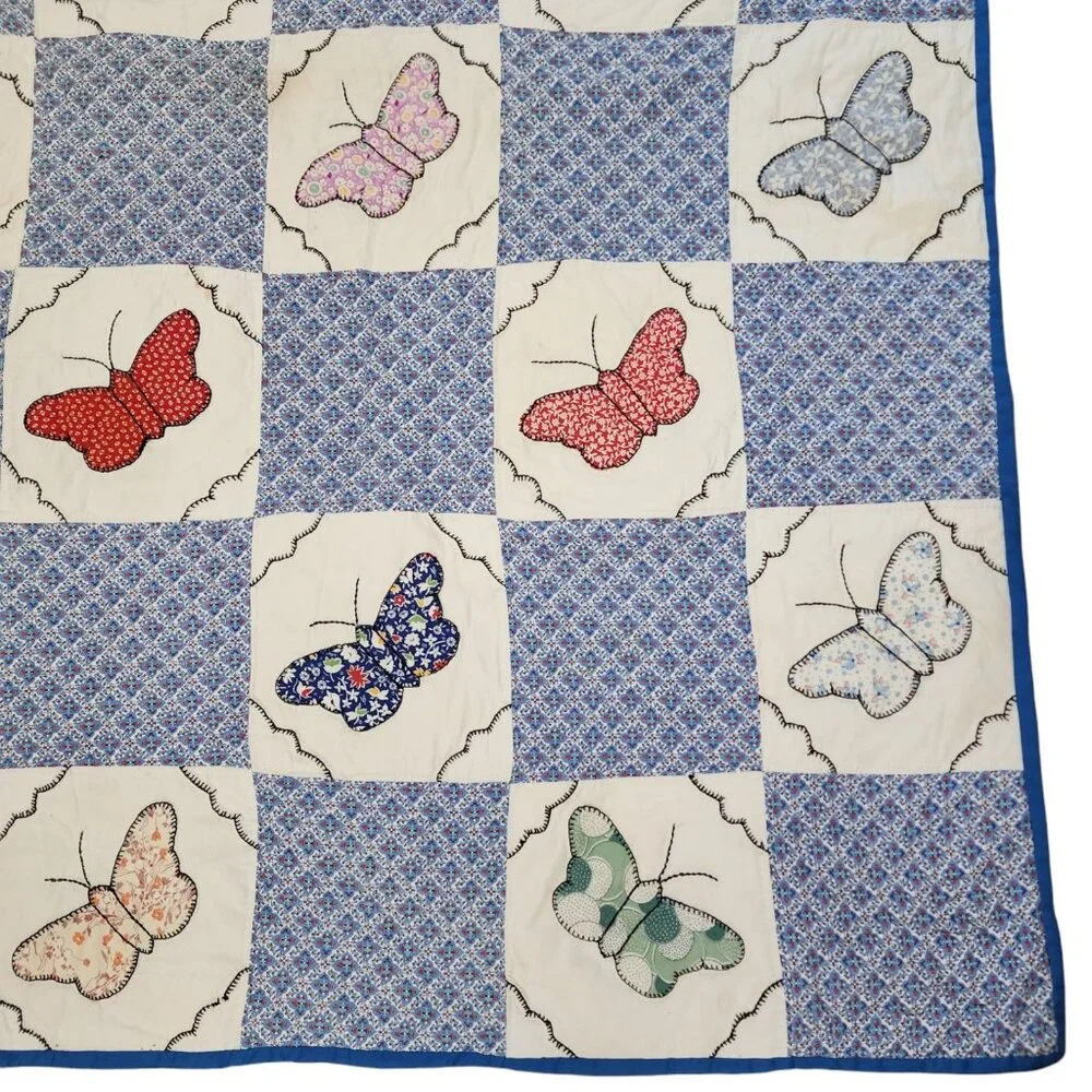Vintage Handmade Yo Yo Embroidered Butterflies Quilt Blue 41